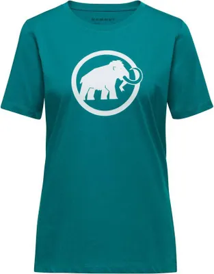 Türkisfarbenes Mammut T-Shirt mit rundem Ausschnitt und weißem Mammut-Logo auf der Brust