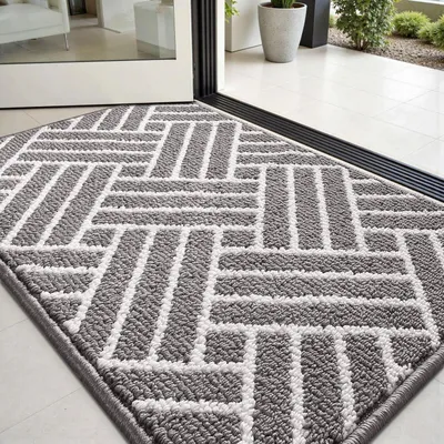 Zdjęcie produktu dla Mata podłogowa 60x90 cm, szara, z paskami, antypoślizgowa, nadająca się do prania, chłonna, do użytku wewnątrz i na zewnątrz