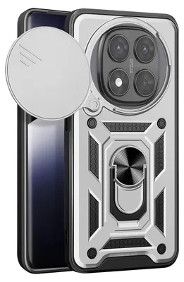 A silver and black phone case with a ring holder and camera cover is shown on a white background.