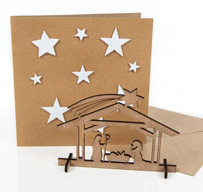 Produktbild von 3 Weihnachtskarten mit Krippe aus Holz - weihnachtliche Grußkarten