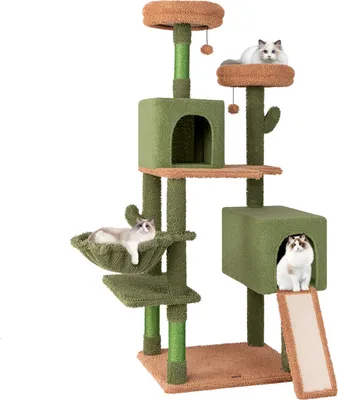 Image de COSTWAY Arbre à chat Cactus 160cm de haut, arbre à chat avec plates-formes, jouets, poteaux en sisal, échelle, panier & 2 niches pour chats, tour pour chats en bois, vert, brun