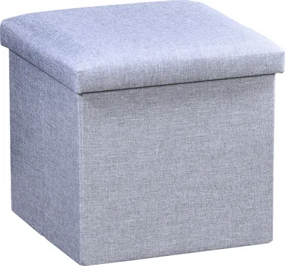 A gray storage ottoman is shown from the front.