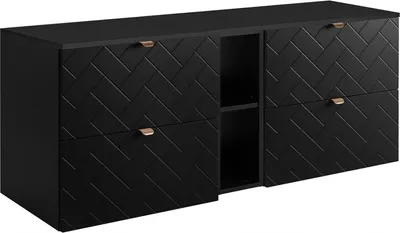 A black cabinet with a herringbone pattern on the doors and rose gold handles.