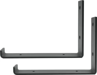 Two black metal shelf brackets are shown against a white background.
