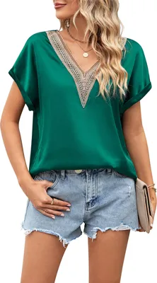Image de ASKSA T-Shirt Femme Eté Satin Dentelle Col V Hauts Elégants Chemises Casual Tops, Vert, Taille : XL