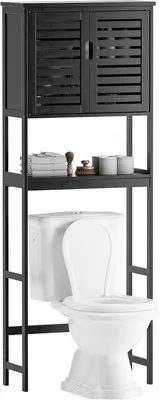 Freistehendes Bambus-Badregal über Toilette, 2 Türen, schwarz