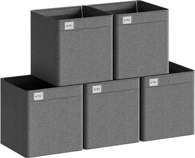 Five dark gray fabric storage boxes are stacked in two rows.