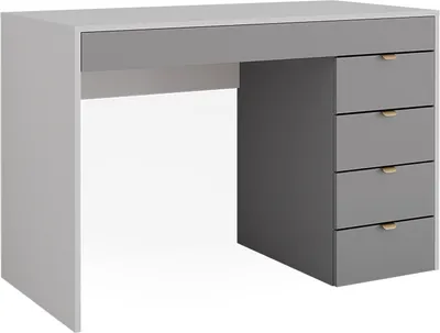 A modern white and gray desk with drawers.