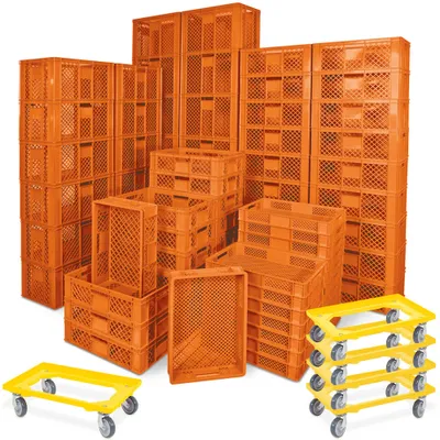 Produktbild von 78 Bäckerkisten in 5 Größen, 600x400 mm, H 90 mm - 410 mm,orange + 5 Roller, gelb