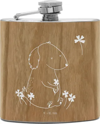 Produktbild von Mr. & Mrs. Panda Flachmann Hund Kleeblatt - Transparent - Geschenk, Glücksbringer, Viel Glück, schnapsflasche, feldflasche, outdoor, Selbstliebe, Hundebesitzer, edelstahl
