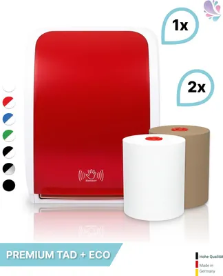 Produktbild von SET: Handtuchrollenspender SENSOR, berührungslos, Blanc Cosmos versch.Farben+ 1Rolle PREMIUM TAD +1Rolle ECO Natural -PRODUKTSET : Farbe - Rot / Weiß Farbe: Rot / Weiß