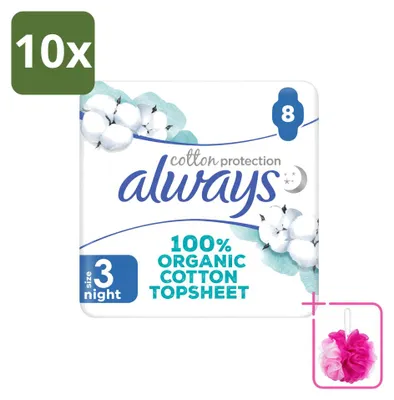Imagen del producto de 10 toallas sanitarias nocturnas Always Baumwolle Protection con alas, 100% algodón orgánico, paquete económico, 10 unidades