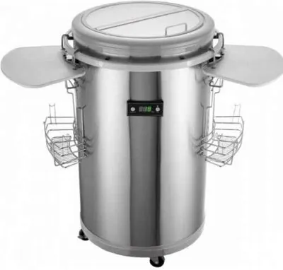 A stainless steel beverage cooler with a digital display and attached serving trays.
