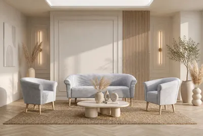 Produktbild von Polstergarnitur Espero 3+1+1 Samt Hellgrau – 3-Sitzer Sofa mit 2 Sesseln Wohnzimmer Set Premium