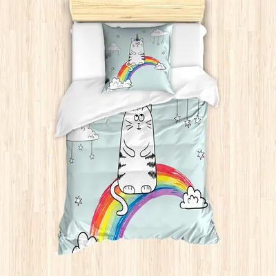 Produktbild von ABAKUHAUS Einhorn-Katze Mantele, Regenbogen-Wörter Kunst, Milbensicher Allergiker geeignet mit Kissenbezügen, 135 cm x 200 cm - 80 x 80 cm, Mehrfarbig