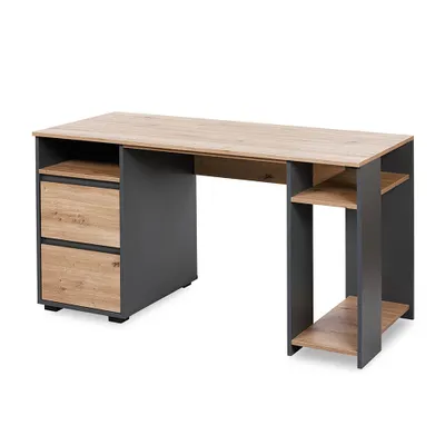 A modern desk with a wood-effect top and gray frame, featuring drawers on one side and shelves on the other.