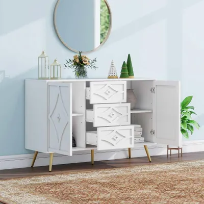 Produktbild von Moderne weiße Kommode mit Rautenmuster – 3 Schubladen & 2 Türen, goldene Füße, ideal für Wohnzimmer, Flur, Schlafzimmer , 120×40×80 cm