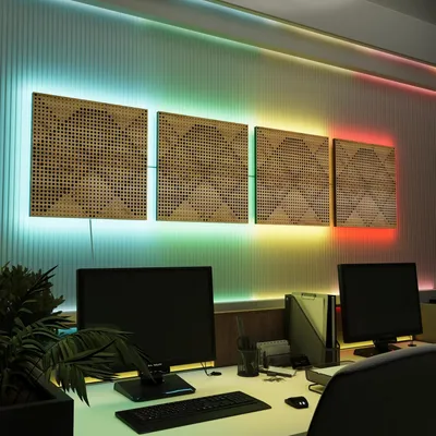 Immagine prodotto di Set da 4 pannelli acustici a LED con effetto RGB Glow per Echo Control | Pannelli fonoassorbenti con retroilluminazione | 4x WILDS -Separately-LINE | Rovere