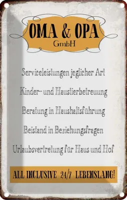 Produktbild von vianmo Blechschild 30x20 cm Oma Opa GmbH 24/7 lebenslang Spruch Zitat