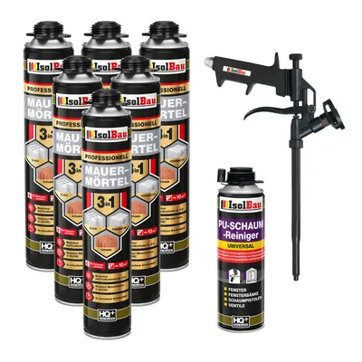 Produktbild von Isolbau Mauermörtel Pistolenschaum SET - Teflon Schaumpistole, PolyurethanReiniger Montageschaum Klebeschaum PolyurethanMörtel 6 x 750ml