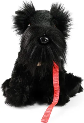 A plush toy dog sitting on a white background.