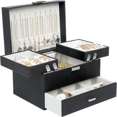 Produktbild von Famanu Schmuckkasten mit Schublade - Schwarz, 3 Ebenen für Ringe, Ohrringe, Halsketten, Armbänder, Uhren