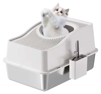 Image de Litière pour chat Garvee, en acier inoxydable, XXL, modèle fermé, avec ouverture
