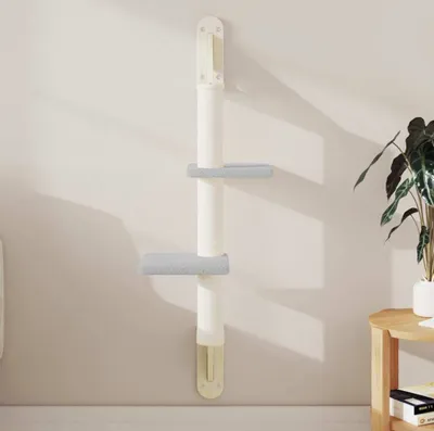 A wall-mounted cat tree with two platforms is shown against a light-colored wall.