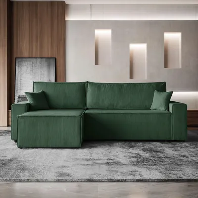 Image de Canapé d'angle HEKTOR en L avec fonction couchage et coffre de rangement, canapé vert foncé, pouf 100 cm