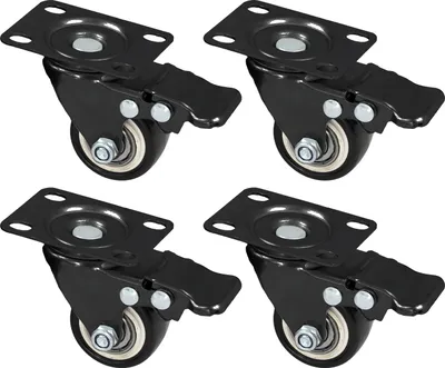 Four black caster wheels with brakes are arranged in a grid on a white background.