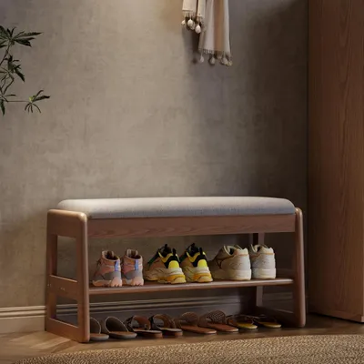 Image de Étagère à chaussures avec banc et coussin, 2 niveaux, en noyer, 80 cm