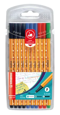 Zdjęcie produktu dla Fineliner - STABILO point 88 - Opakowanie 10 sztuk Office - 4 x czarny, 3 x niebieski, 2 x czerwony, 1 x zielony