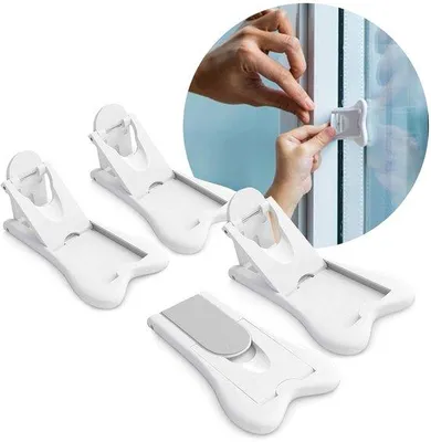 Image de Verrou de sécurité pour porte coulissante, adapté aux enfants - Fermeture de sécurité adhésive, sans perçage - Lot de 4 pièces - Blanc