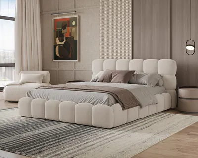 Produktbild von Makavo Polsterbett Teddy 180x200 Beige Bouclé Stoffbett mit Metallrahmen