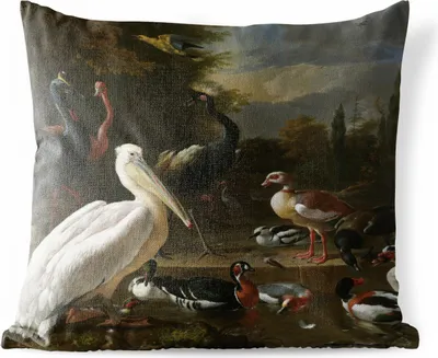 Produktbild von MuchoWow® Outdoor Kissen - Ein Pelikan und andere Vögel in der Nähe eines Wasserbeckens - Gemälde von Melchior d'Hondecoeter - 60x60 cm - Wetterfest - Lounge Kissen - Dekoration - Schlaf Kissen