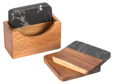 Produktbild von SCHÖNER WOHNEN-Kollektion Untersetzer Mod. ATAMI stilvolles Set aus Marmor und Akazienholz für Küche mit Halterung natur schwarz 10x10x1 cm Marmor Akazienholz