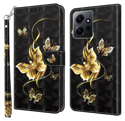 Produktbild von CLM-Tech Hülle kompatibel mit Xiaomi Redmi Note 12 5G - Tasche aus Kunstleder - Klapphülle goldene Schmetterlinge schwarz