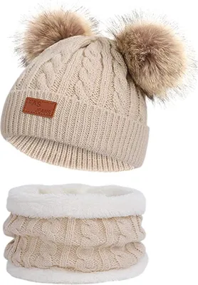 Produktbild von Baby Mütze Schal Set Mädchen Jungen Warm Fellbommel Beanie Hüte