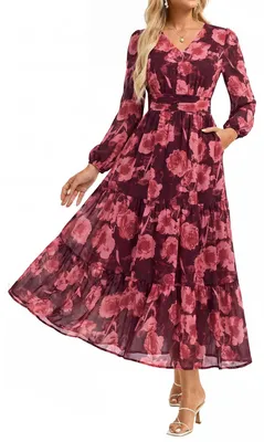 Produktbild von Damen, Maxikleid - V-Ausschnitt - Dunkelrot