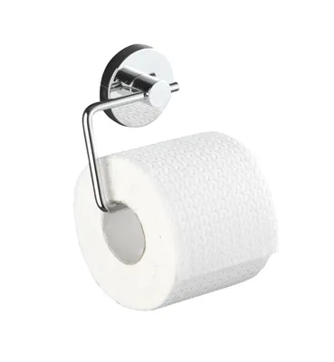 A toilet paper holder with a roll of toilet paper attached, against a white background.