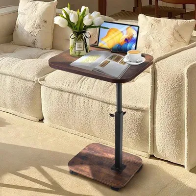 Imagen del producto de Mesa auxiliar ajustable con ruedas, compartimento de almacenamiento y estructura de acero, aspecto de madera – capacidad de carga de hasta 25 kg, móvil para salón y dormitorio, color