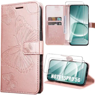 Image de Coque + 2 Verres Trempés pour Xiaomi Redmi Note 15 Pro 5G, Synthécuir Motif Papillon Rose