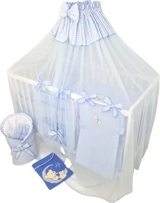 Produktbild von Babybettwäsche Komplettset 14 Teilig ohne Bett für Bettchen in Größe 60x120 aus 100% Baumwolle bestickt mit einem Teddybär auf Mond inkl. Moskitonetz Blau