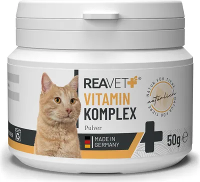 Produktbild von REAVET Vitamin Komplex 50g, B Vitamine Katze, Vitamine Katze, Multivitamin Pulver für Katzen, rein natürlich, ideal als Barf Zusatz