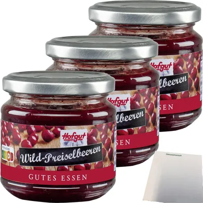 Produktbild von Hofgut Wildpreiselbeeren 3er Pack (3x220g Glas) + usy Block