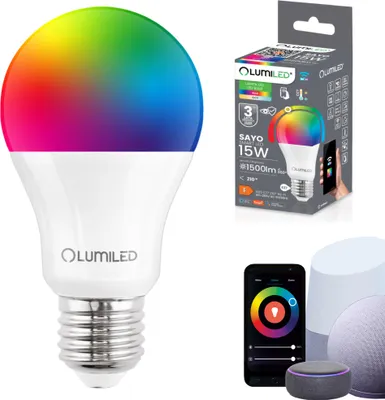 Obrázek produktu pro LUMILED Smart SAYO A65 LED lampa E27 15W (100W) 1500lm WLAN Stmívatelná Vícebarevná RGBW Wifi časovač Chytrá domácnost 16 milionů barev Ovládání pomocí aplikace kompatibilní s Amazon Alexa Google Assistant Tuya