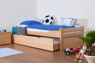 Produktbild von Kinderbett / Jugendbett "Easy Premium Line" K1/1h inkl. 2. Liegeplatz und 2 Abdeckblenden, 90 x 200 cm Buche Vollholz massiv Natur