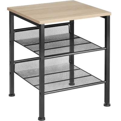 A product shot of a small side table with a wooden top and two black mesh shelves.