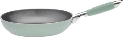 A light green frying pan with a silver and green handle is shown against a white background.