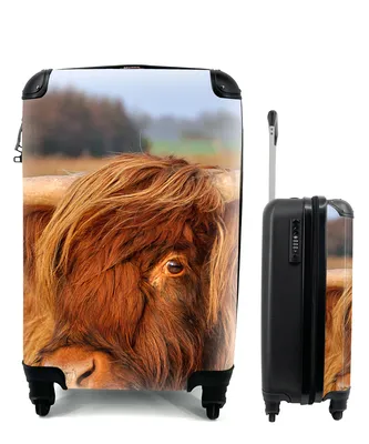 Produktbild von MuchoWow® Koffer Handgepäck Trolley Rollkoffer Kleine Reisekoffer mit 4 Rollen - Schottischer Highlander - Gras - Baum - Cabin Size < 55x40x23 cm & 55x40x20 cm - Fotokoffer - Kabinenkoffer - Boardgepäck - Reise-Box - Reisekoffer - Reisegepäck - Koffer mit Bild - Trolley für Kinder